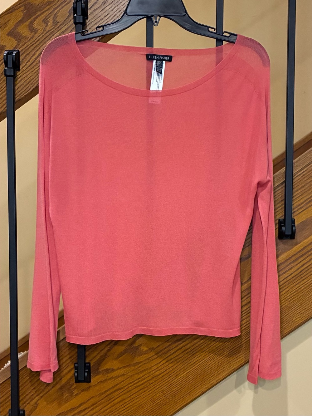 Eileen Fisher Top Lyocell Knit Boat Neck Bell Sleeve Sheer pale coral SZ. XS